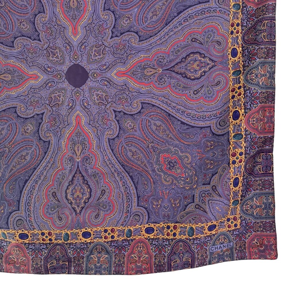 Vintage CHANEL Women's Blue & Gold Silk Wool Paisley Square Scarf Size 34" x 34" - Picture 6 of 8